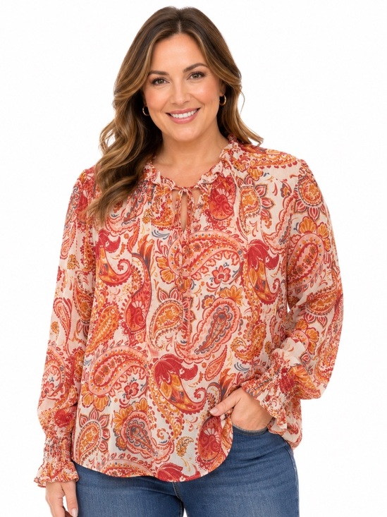 Harper 241 Tops - Harper 241 Boho Blouse Top Red Orange Paisley Lined Sheer Arms Tie Sz L